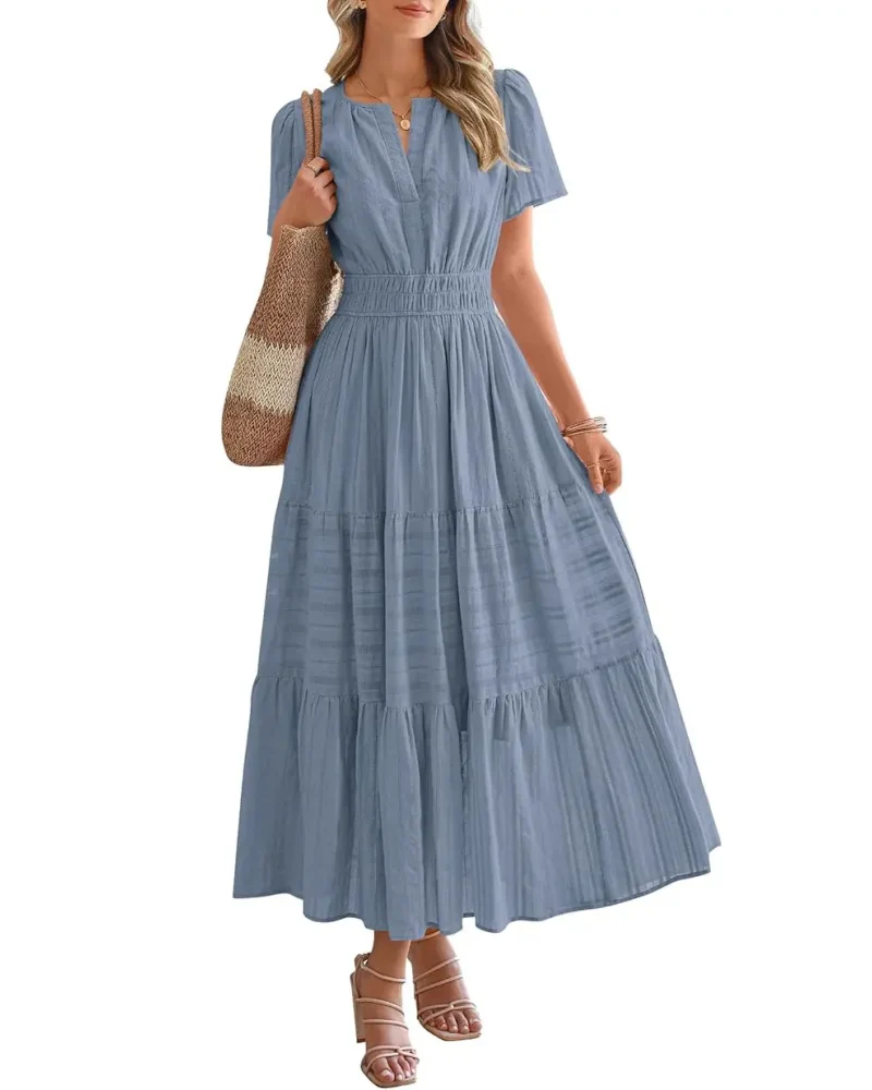 Womens Summer Lightweight Short Sleeve V Casual Midi Maxi Dresses - Image 21