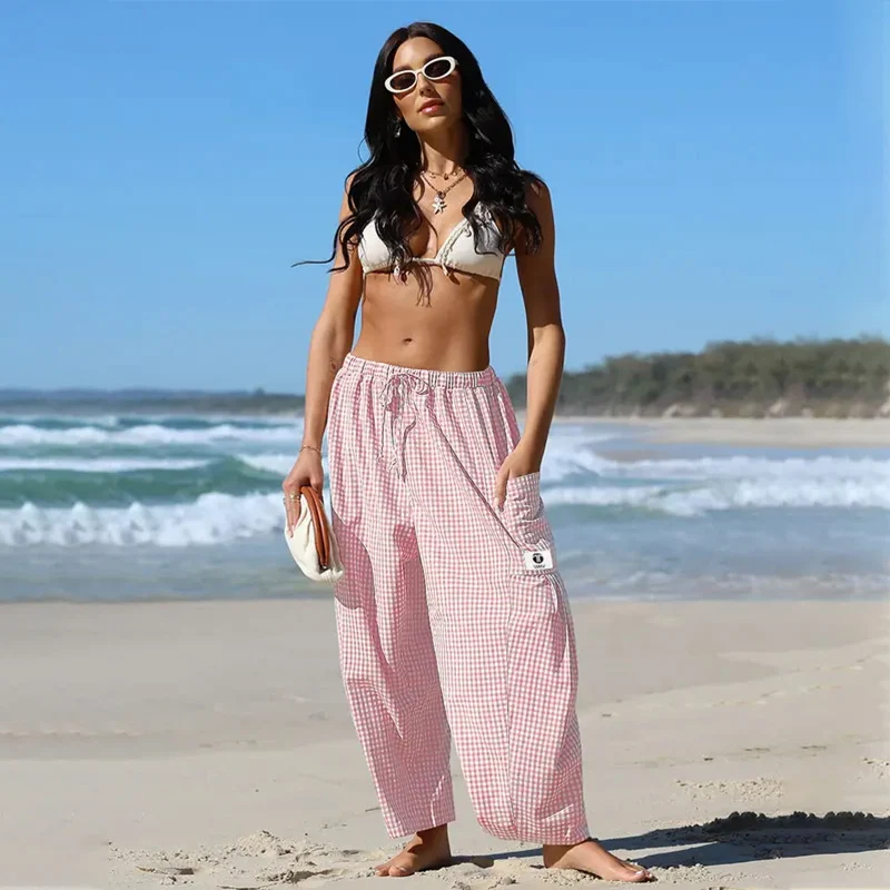 Womens Wide Leg Gingham Striped Plaid Pants - Image 2