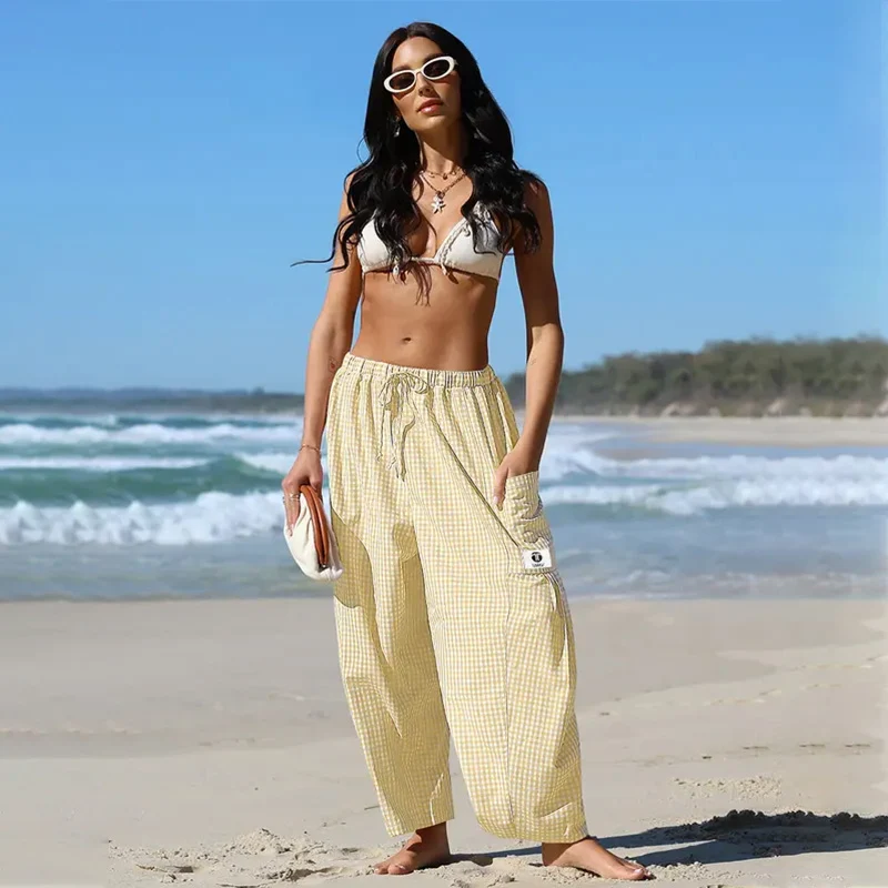 Womens Wide Leg Gingham Striped Plaid Pants - Image 6