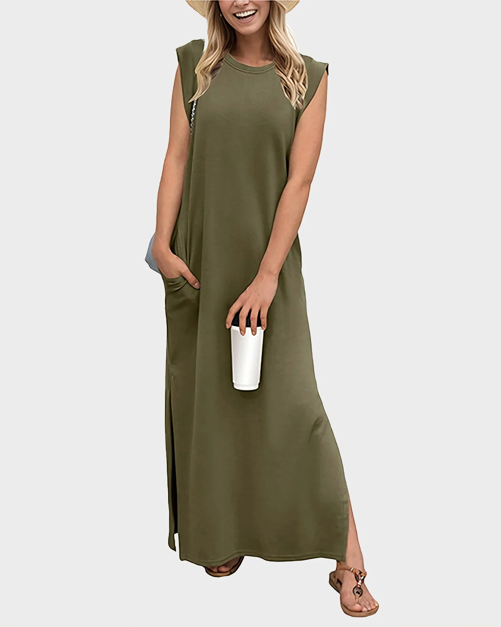 Women's Wrinkle Free Maxi Dress Loose Round Neck Split with Pockets - Image 10