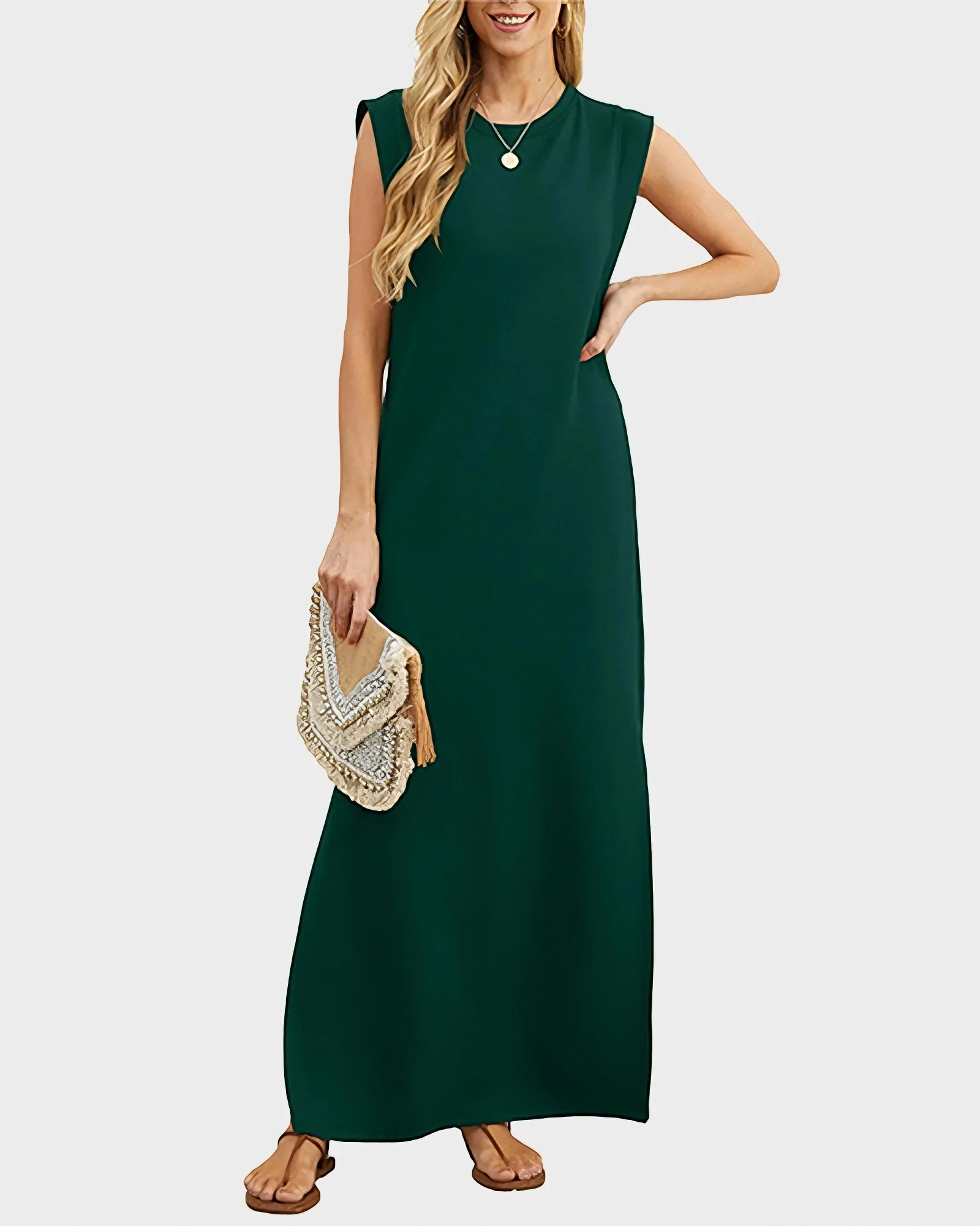 Women's Wrinkle Free Maxi Dress Loose Round Neck Split with Pockets - Image 11