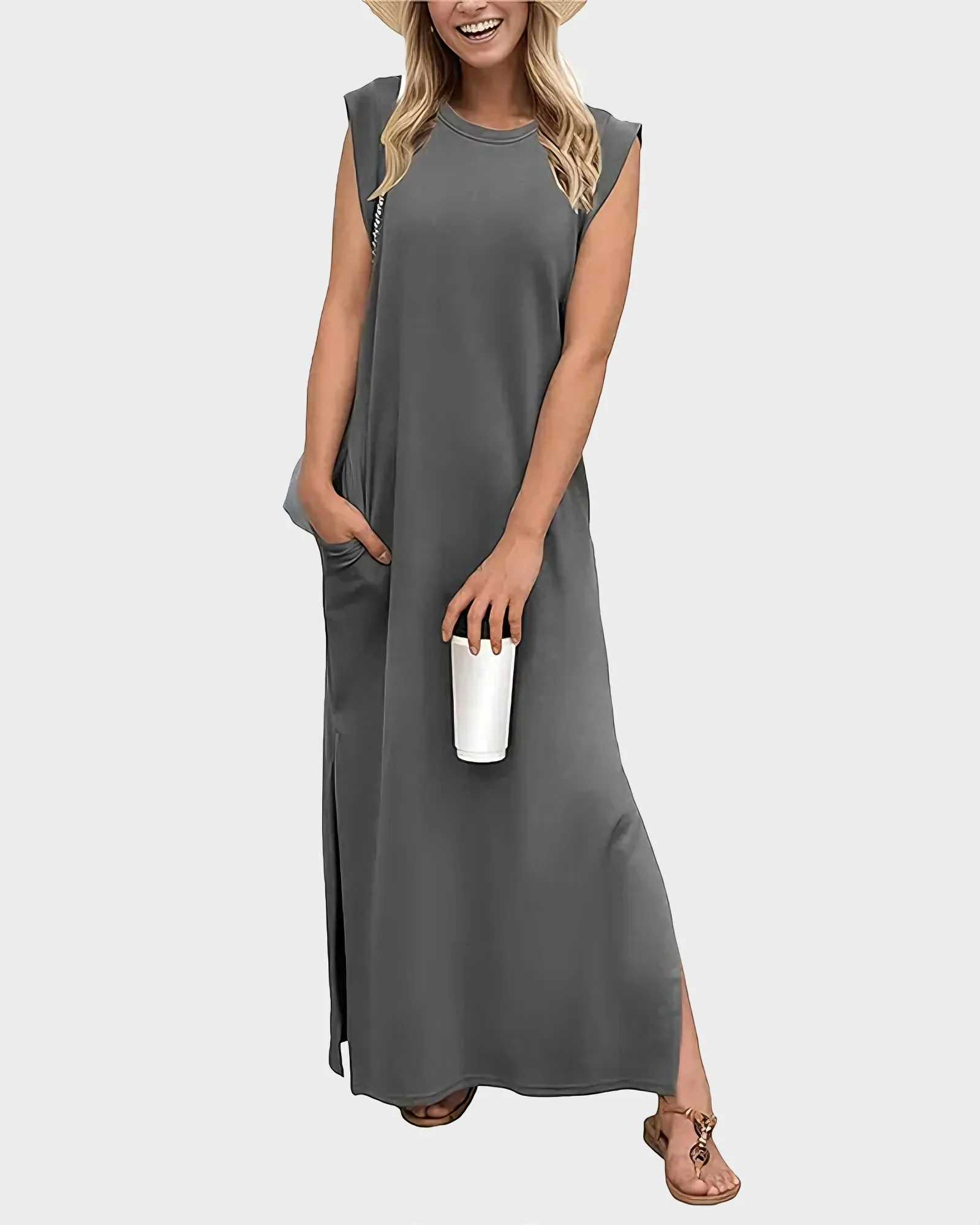 Women's Wrinkle Free Maxi Dress Loose Round Neck Split with Pockets - Image 12