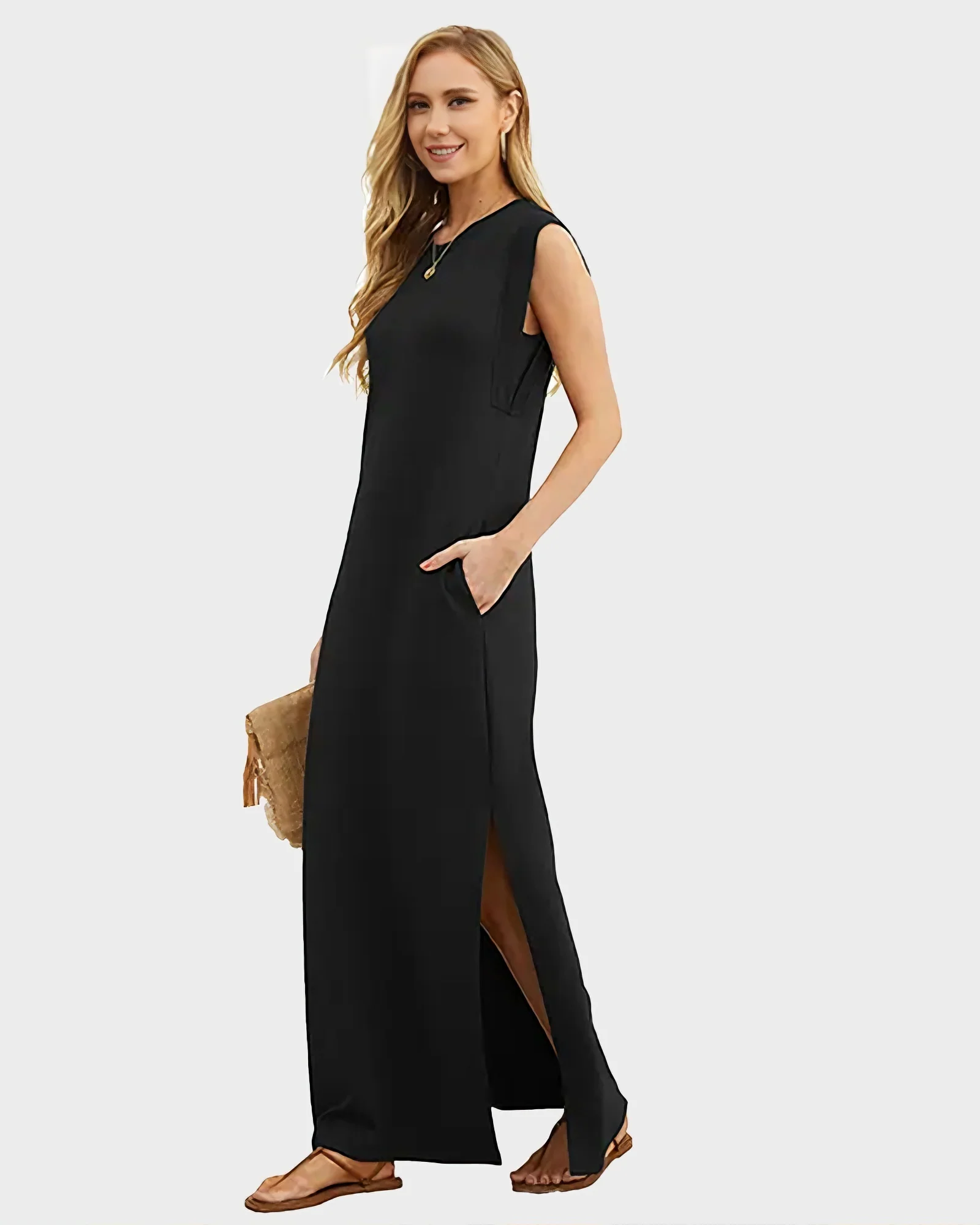 Women's Wrinkle Free Maxi Dress Loose Round Neck Split with Pockets - Image 2