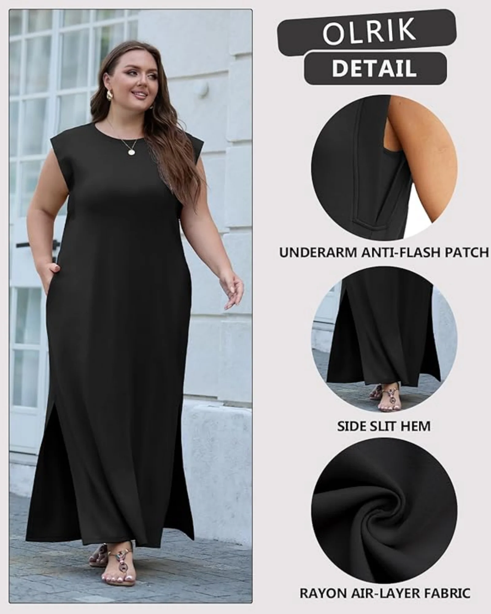 Women's Wrinkle Free Maxi Dress Loose Round Neck Split with Pockets - Image 3
