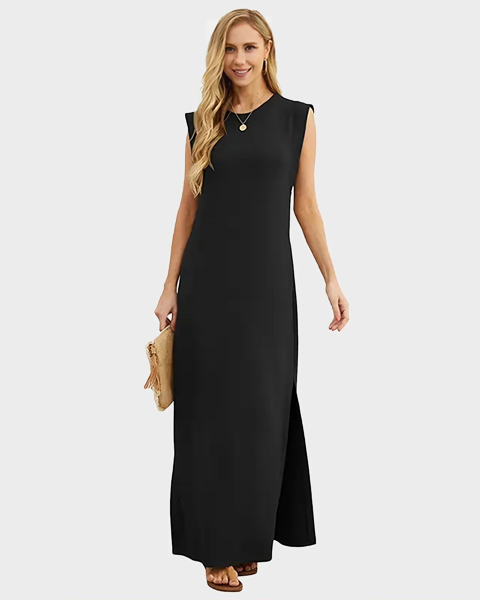 Women's Wrinkle Free Maxi Dress Loose Round Neck Split with Pockets - Image 4