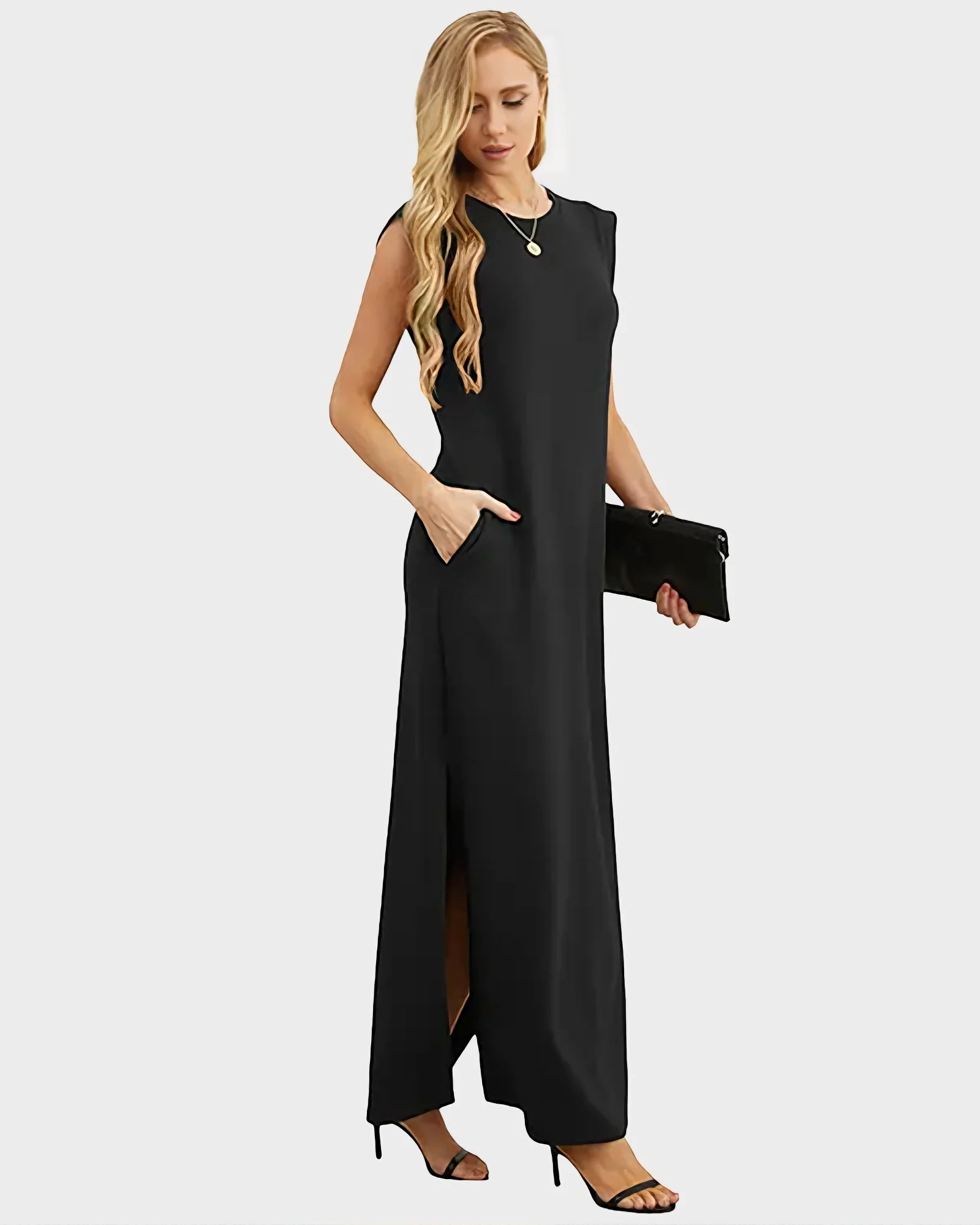 Women's Wrinkle Free Maxi Dress Loose Round Neck Split with Pockets - Image 5